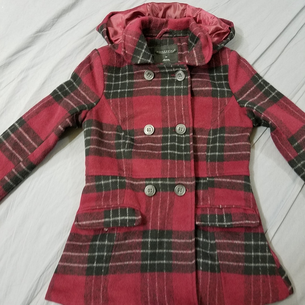 Aeropostale red buffalo check double breasted jacket with hood sz SP dark red
